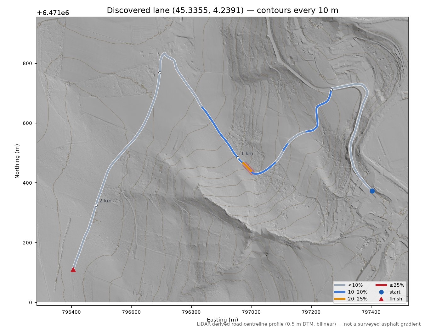 Discovered lane (45.3355, 4.2391) LiDAR hillshade map with contours