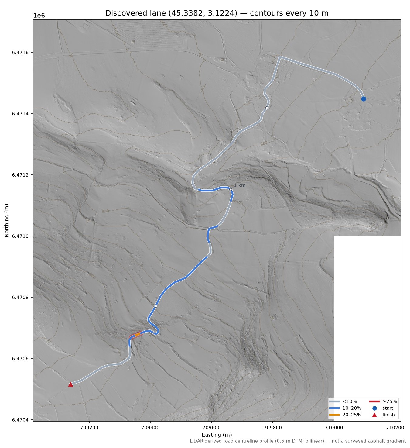 Discovered lane (45.3382, 3.1224) LiDAR hillshade map with contours