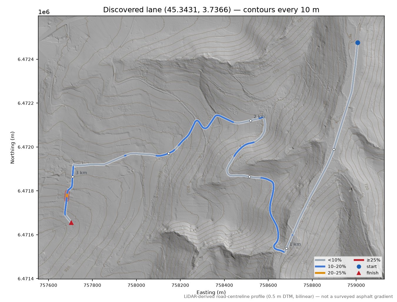 Discovered lane (45.3431, 3.7366) LiDAR hillshade map with contours