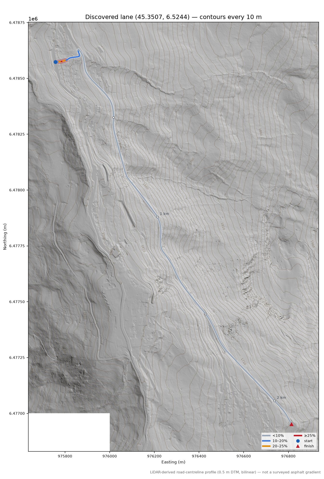 Discovered lane (45.3507, 6.5244) LiDAR hillshade map with contours
