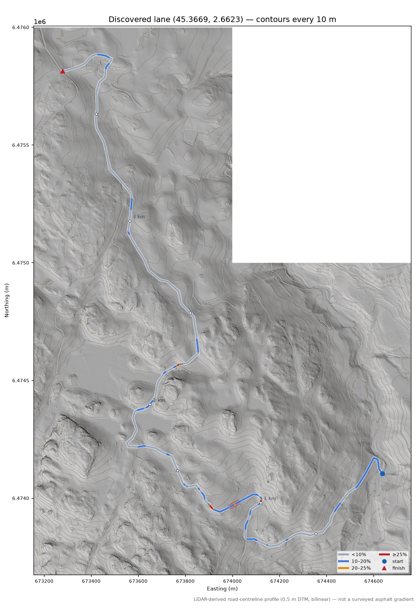 Discovered lane (45.3669, 2.6623) LiDAR hillshade map with contours