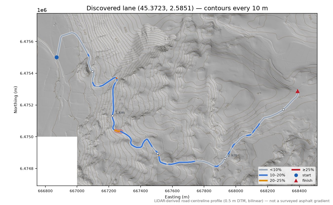 Discovered lane (45.3723, 2.5851) LiDAR hillshade map with contours