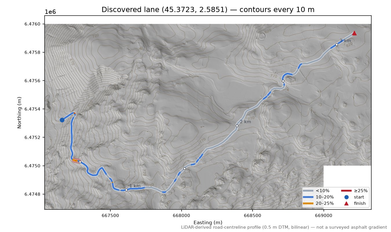 Discovered lane (45.3723, 2.5851) LiDAR hillshade map with contours