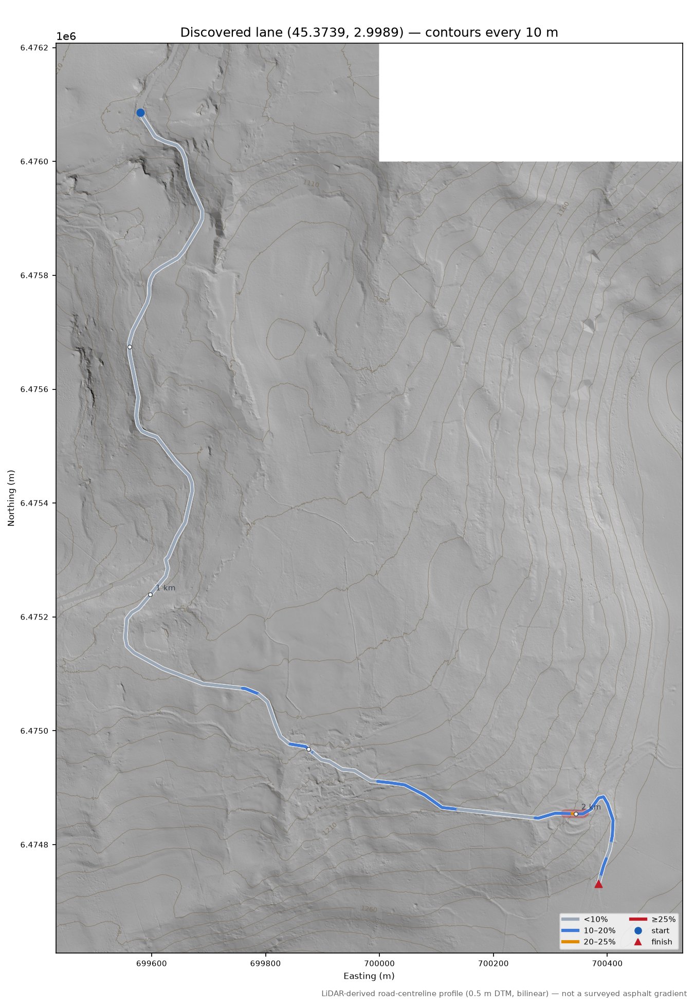Discovered lane (45.3739, 2.9989) LiDAR hillshade map with contours