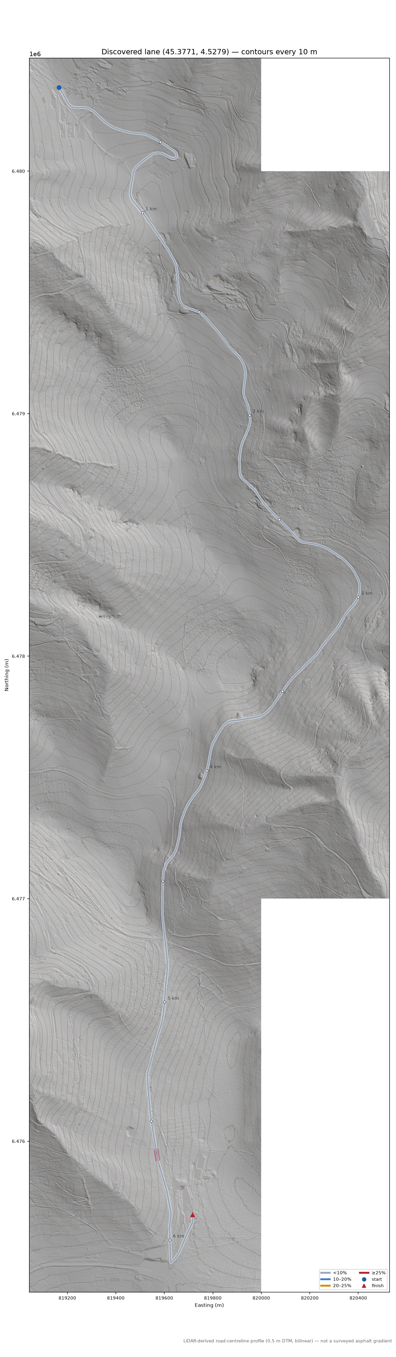 Discovered lane (45.3771, 4.5279) LiDAR hillshade map with contours