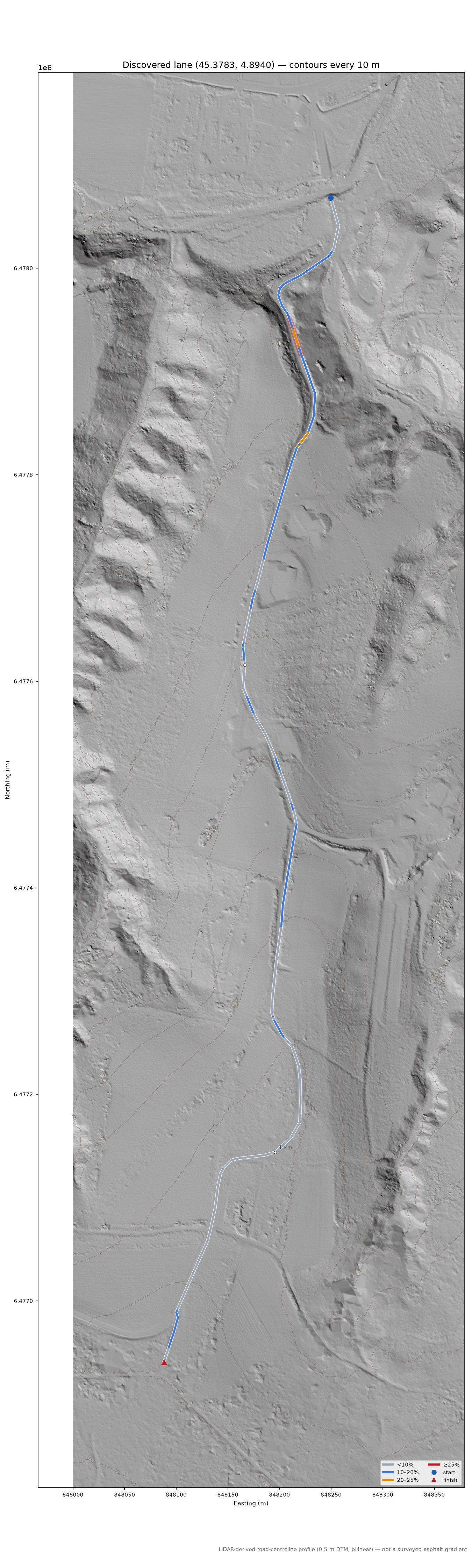 Discovered lane (45.3783, 4.8940) LiDAR hillshade map with contours