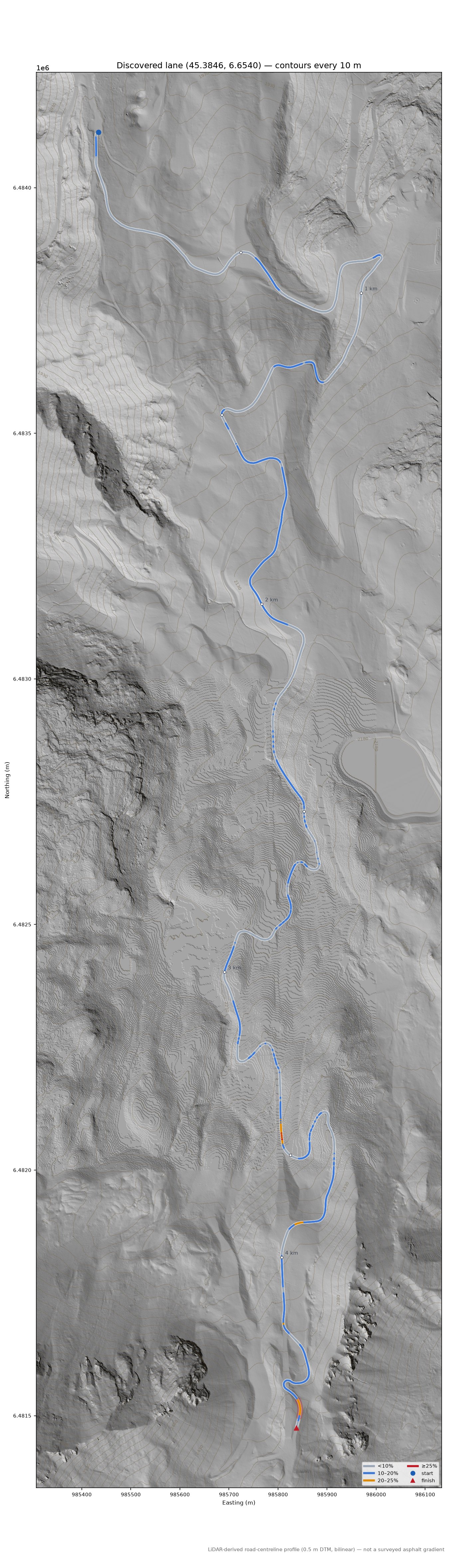 Discovered lane (45.3846, 6.6540) LiDAR hillshade map with contours