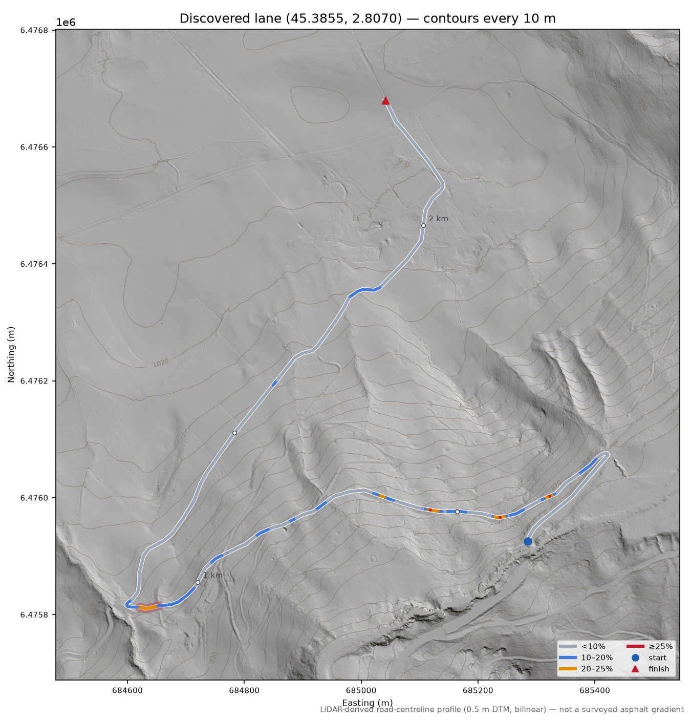 Discovered lane (45.3855, 2.8070) LiDAR hillshade map with contours