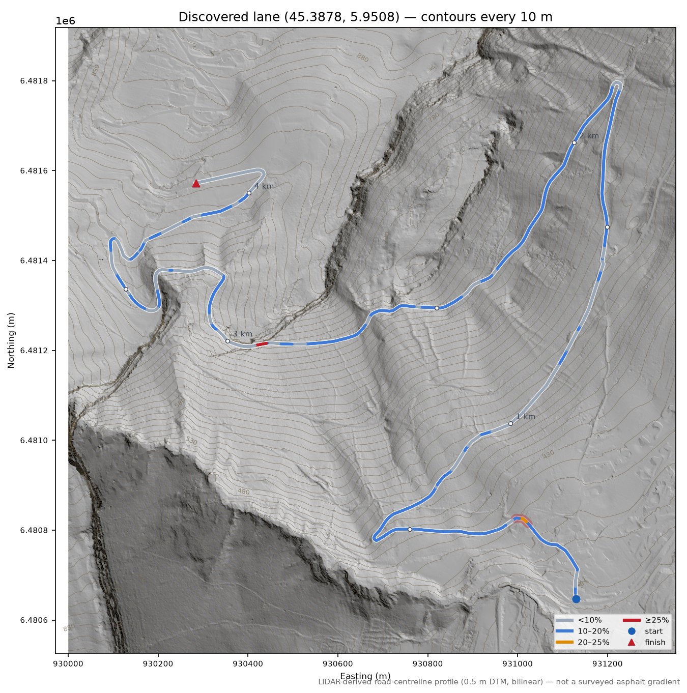 Discovered lane (45.3878, 5.9508) LiDAR hillshade map with contours