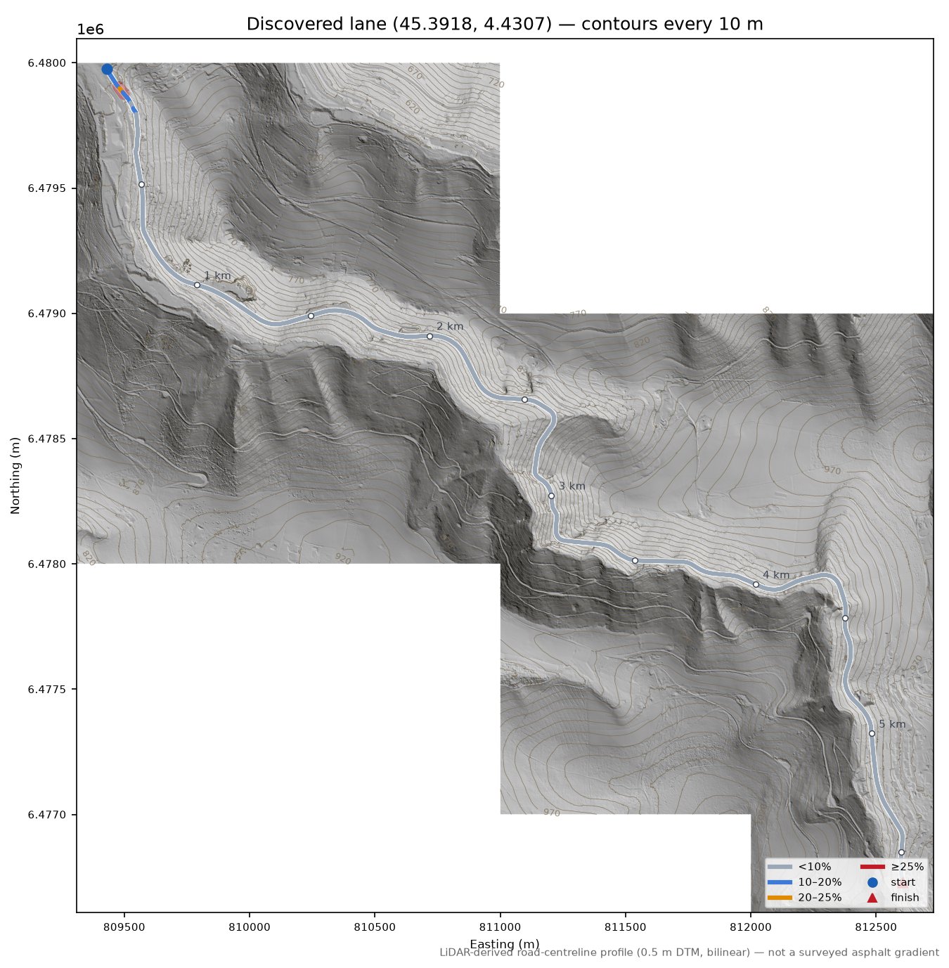 Discovered lane (45.3918, 4.4307) LiDAR hillshade map with contours