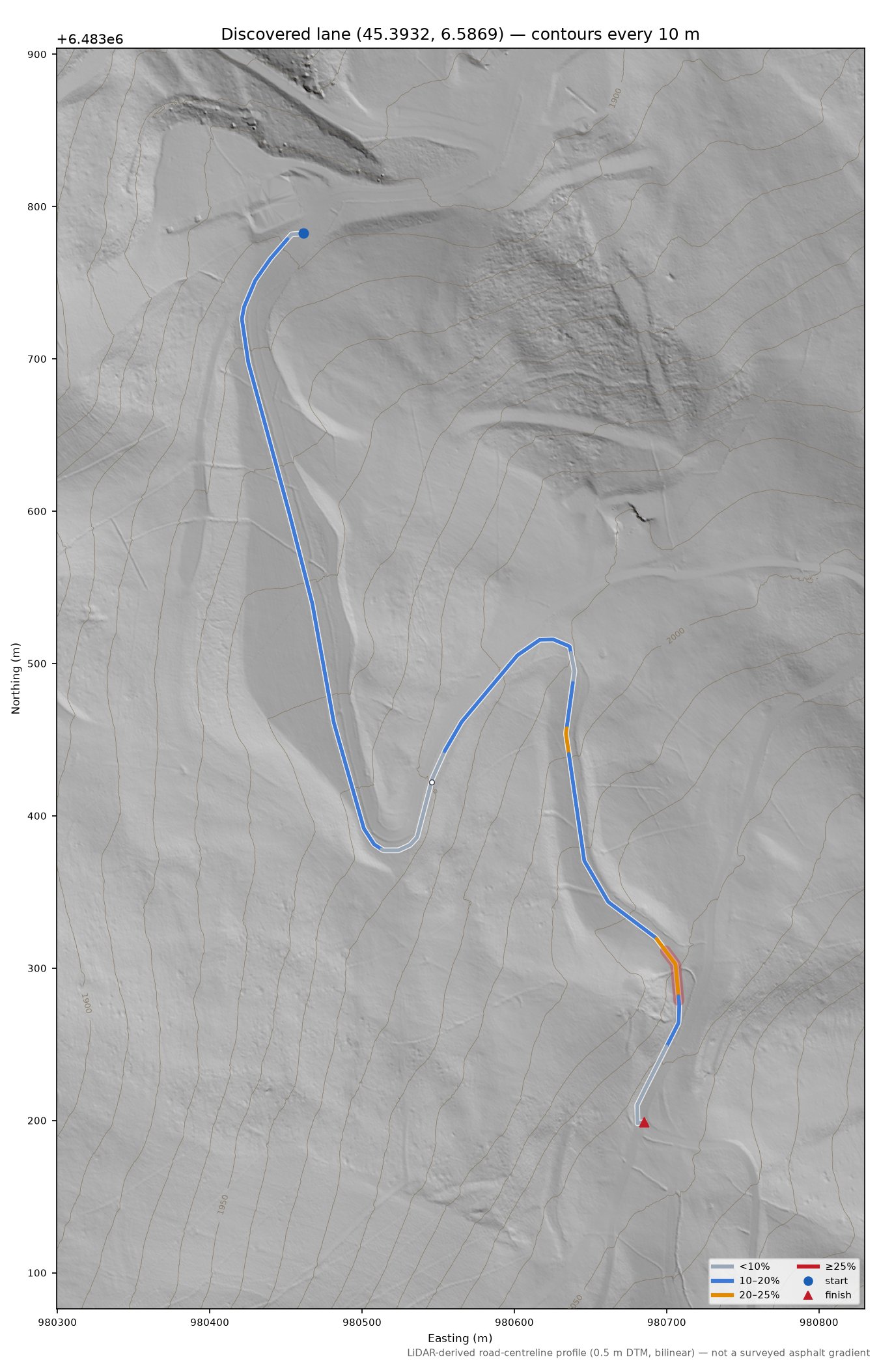 Discovered lane (45.3932, 6.5869) LiDAR hillshade map with contours