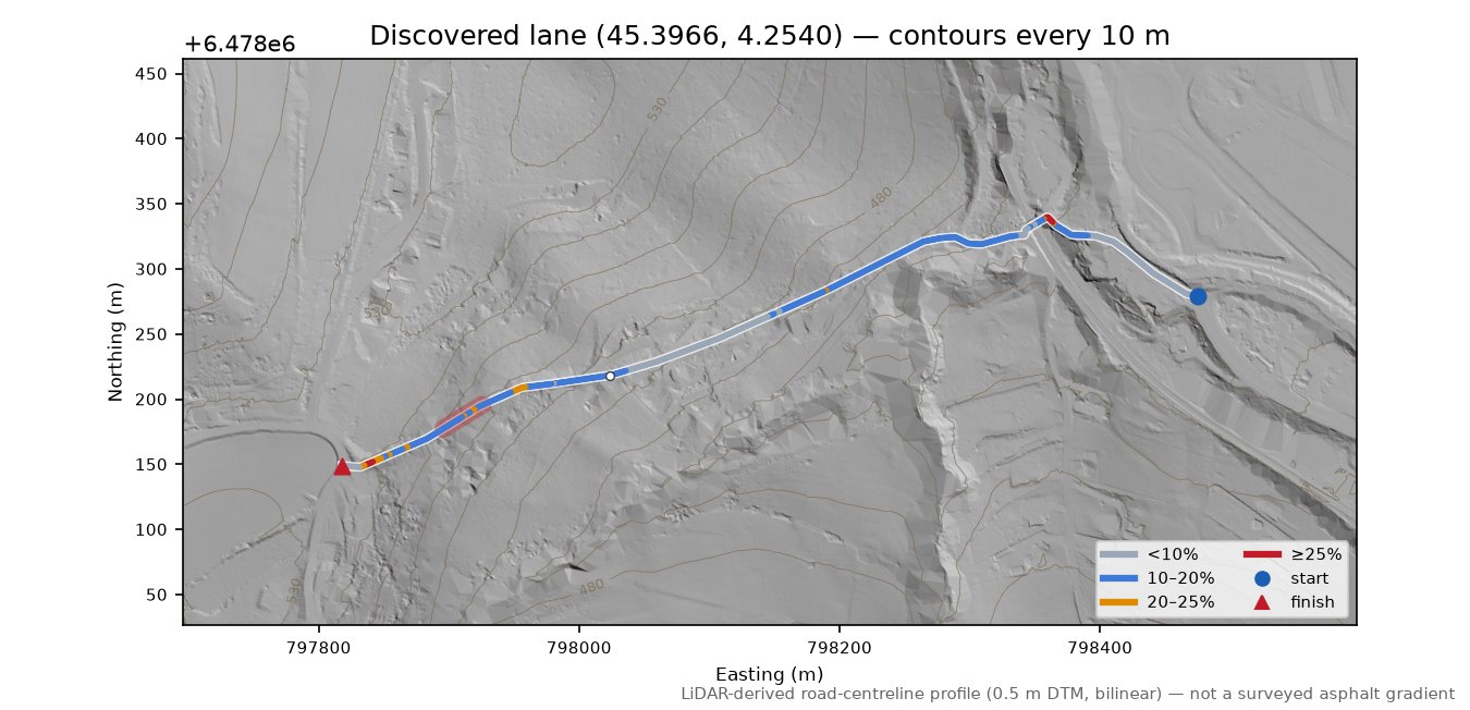Discovered lane (45.3966, 4.2540) LiDAR hillshade map with contours
