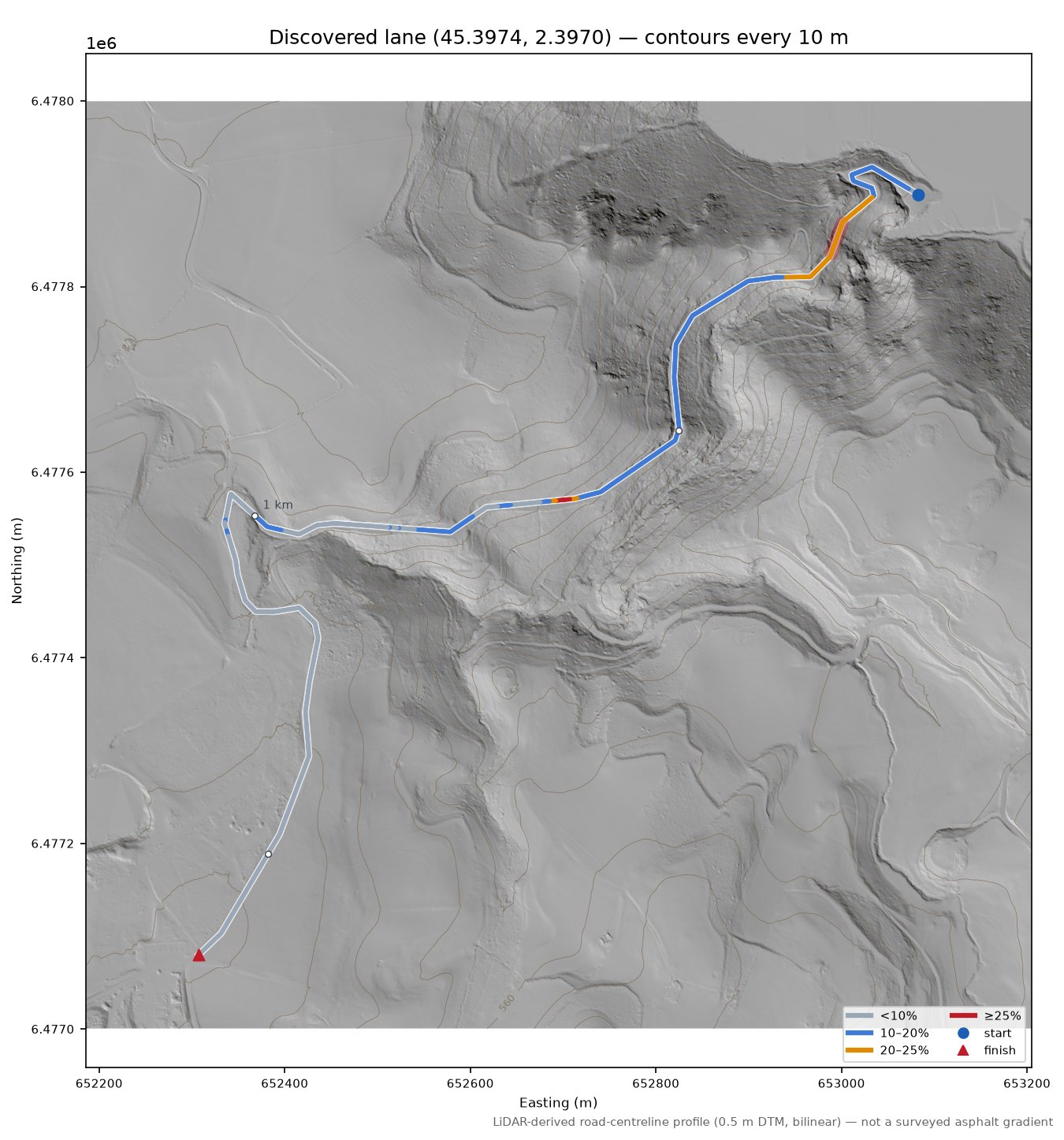 Discovered lane (45.3974, 2.3970) LiDAR hillshade map with contours
