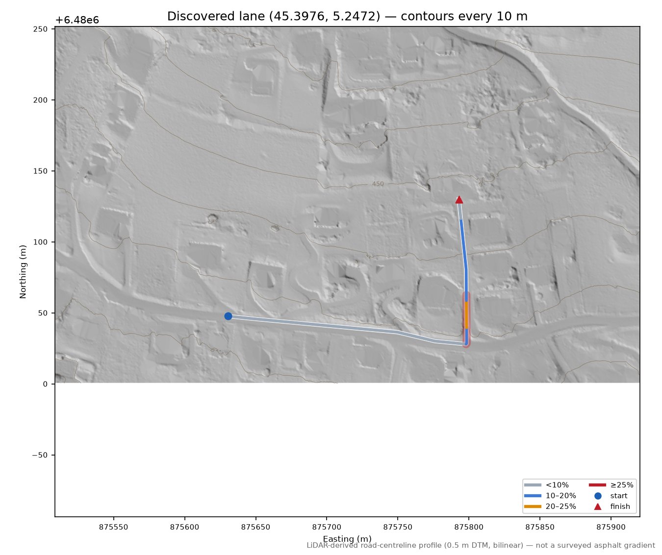 Discovered lane (45.3976, 5.2472) LiDAR hillshade map with contours