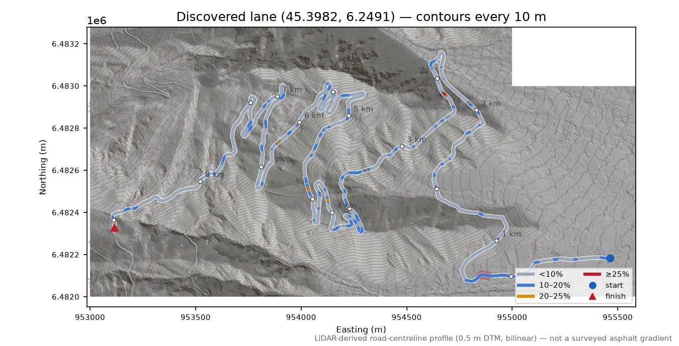 Discovered lane (45.3982, 6.2491) LiDAR hillshade map with contours