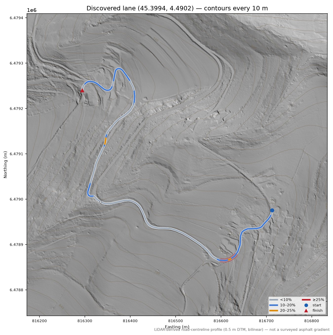 Discovered lane (45.3994, 4.4902) LiDAR hillshade map with contours