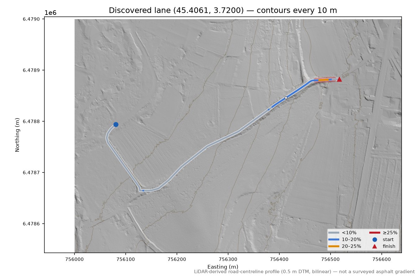 Discovered lane (45.4061, 3.7200) LiDAR hillshade map with contours