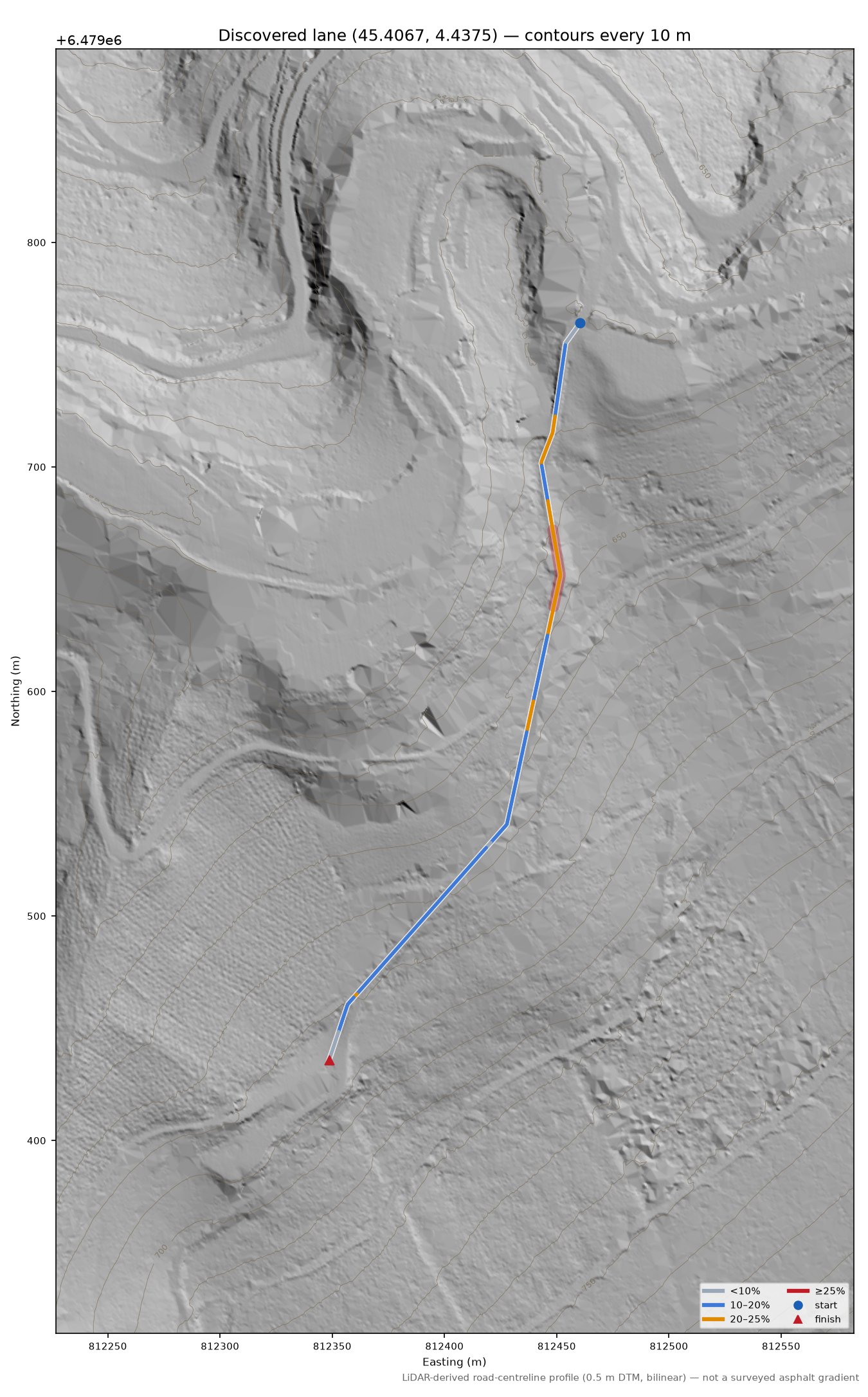 Discovered lane (45.4067, 4.4375) LiDAR hillshade map with contours