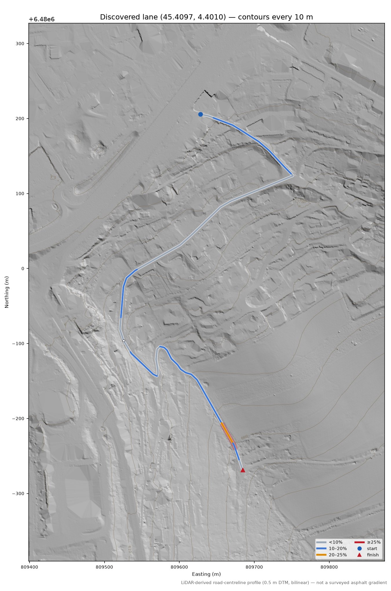 Discovered lane (45.4097, 4.4010) LiDAR hillshade map with contours
