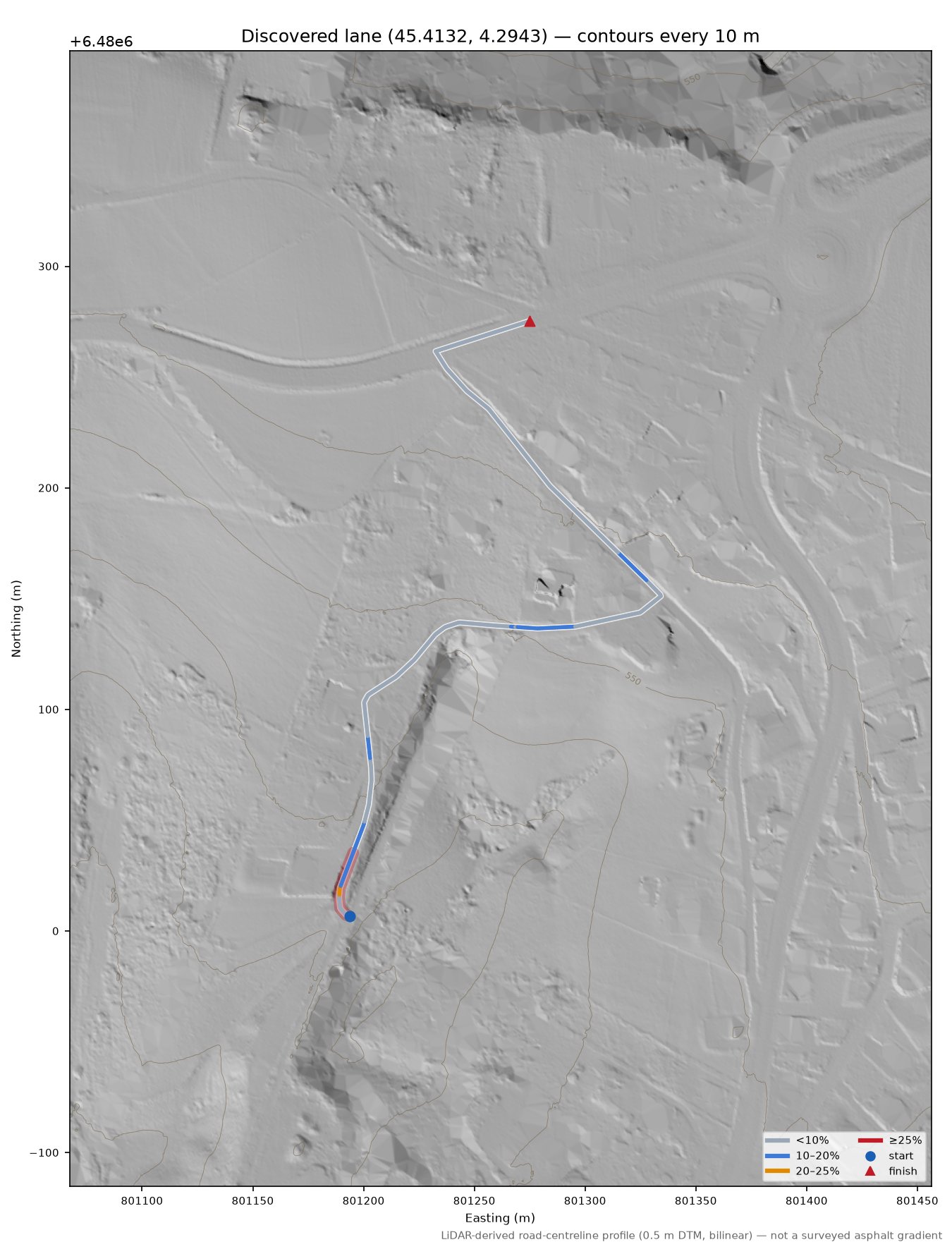 Discovered lane (45.4132, 4.2943) LiDAR hillshade map with contours