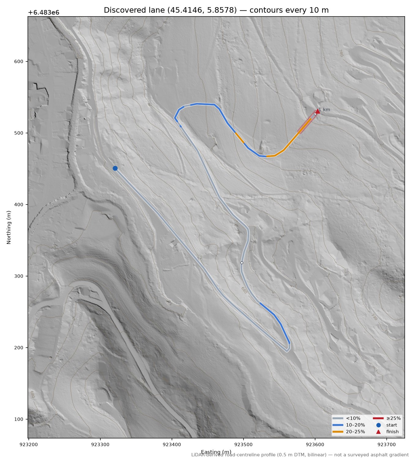 Discovered lane (45.4146, 5.8578) LiDAR hillshade map with contours