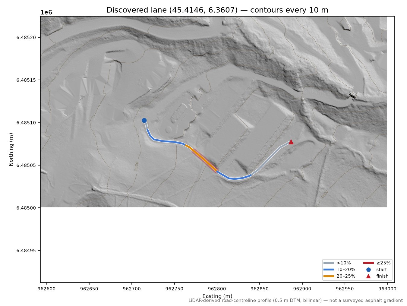 Discovered lane (45.4146, 6.3607) LiDAR hillshade map with contours