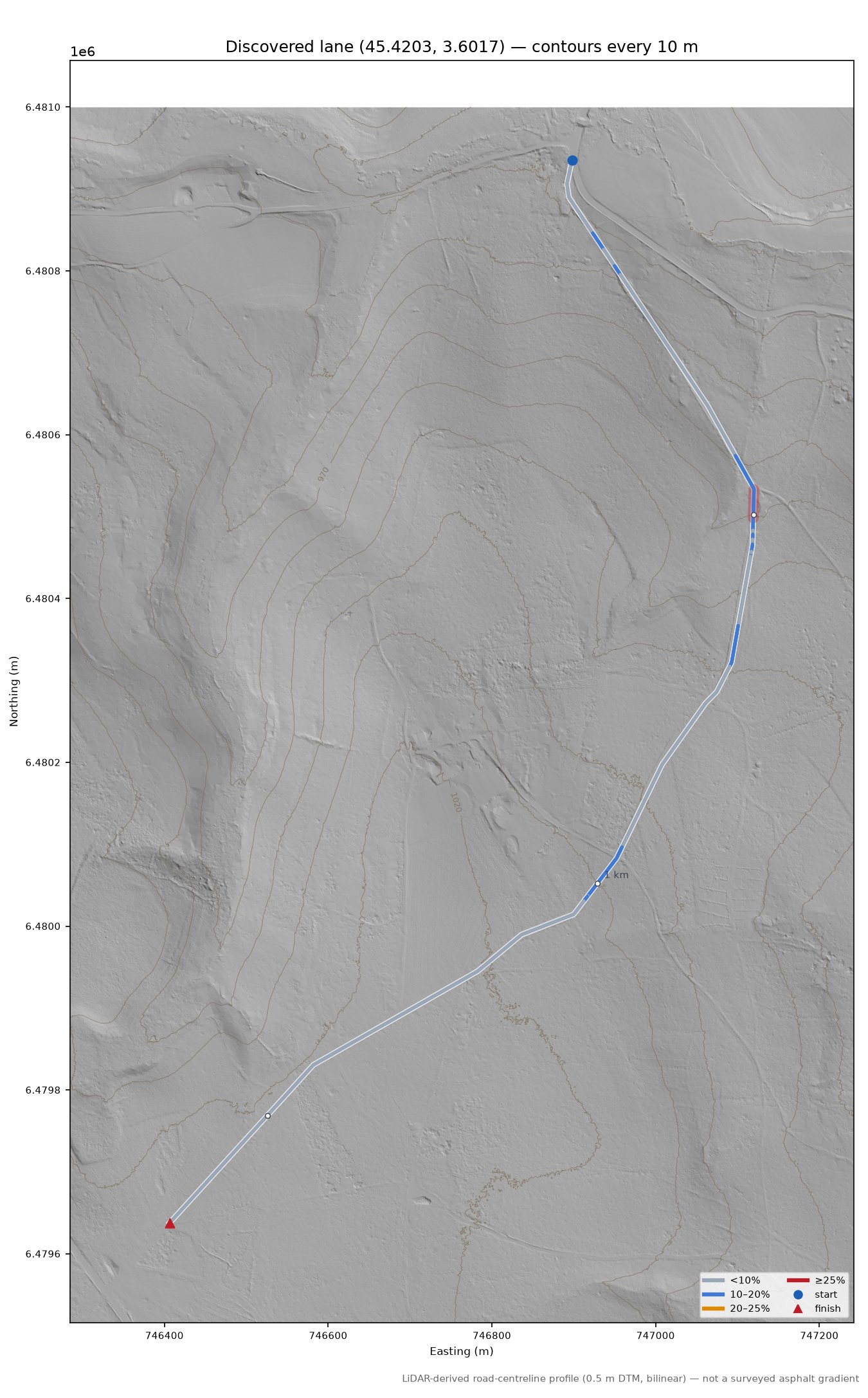 Discovered lane (45.4203, 3.6017) LiDAR hillshade map with contours