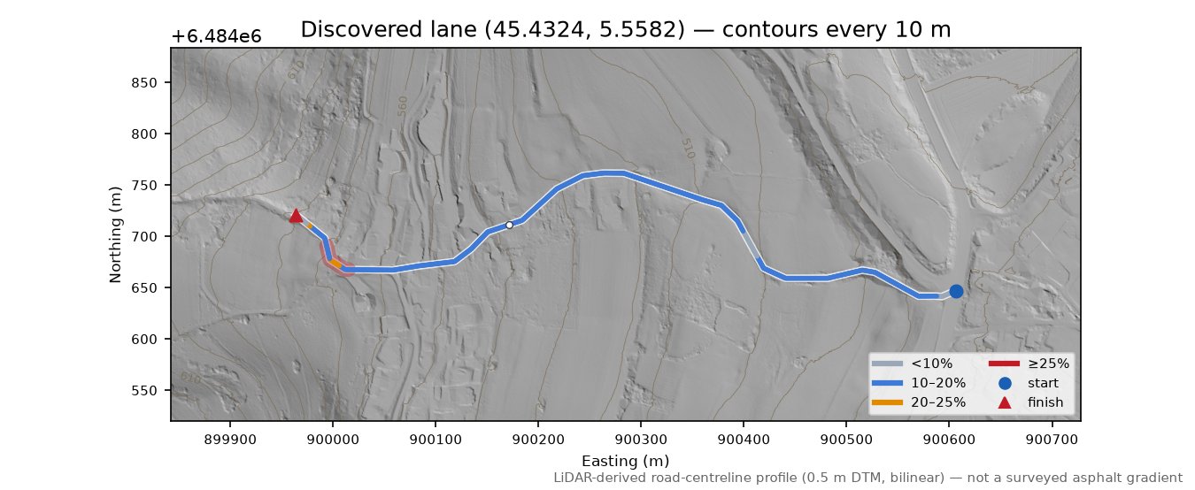Discovered lane (45.4324, 5.5582) LiDAR hillshade map with contours
