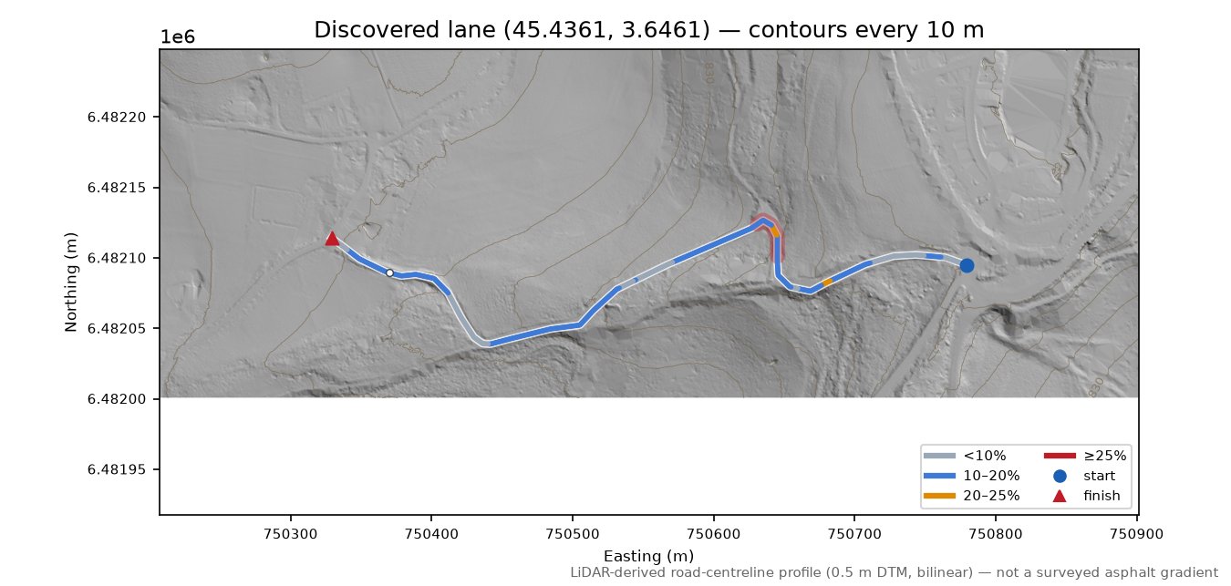 Discovered lane (45.4361, 3.6461) LiDAR hillshade map with contours
