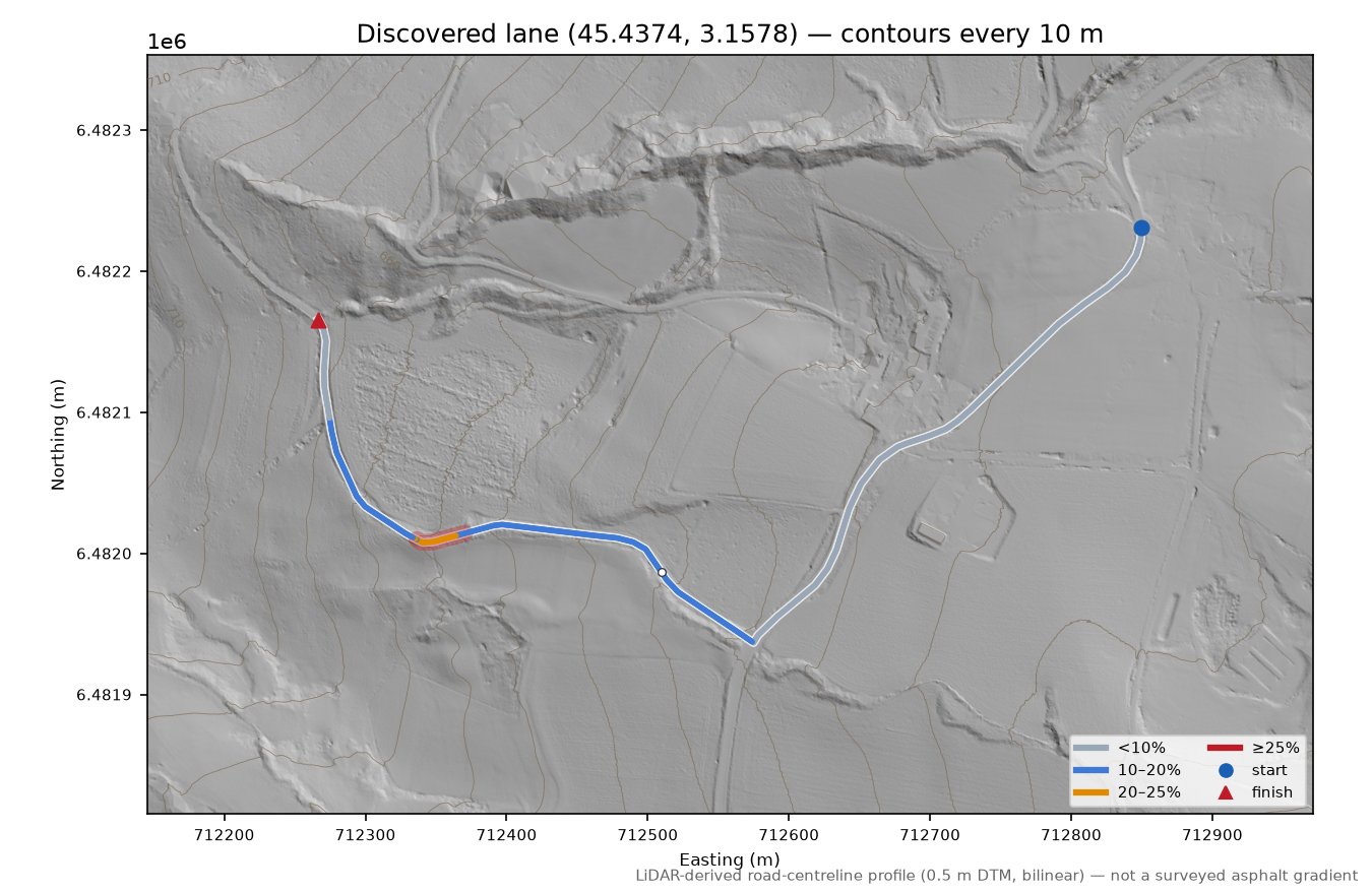 Discovered lane (45.4374, 3.1578) LiDAR hillshade map with contours