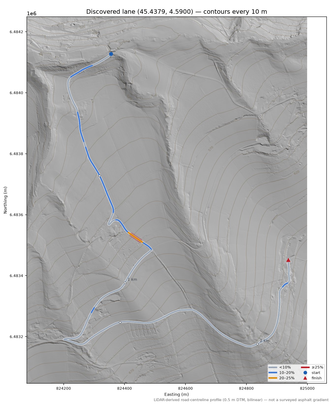 Discovered lane (45.4379, 4.5900) LiDAR hillshade map with contours