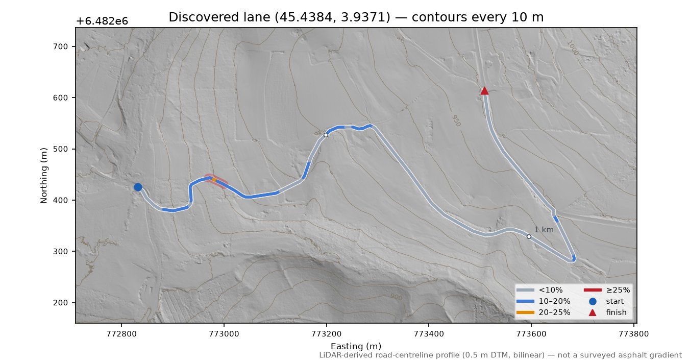 Discovered lane (45.4384, 3.9371) LiDAR hillshade map with contours
