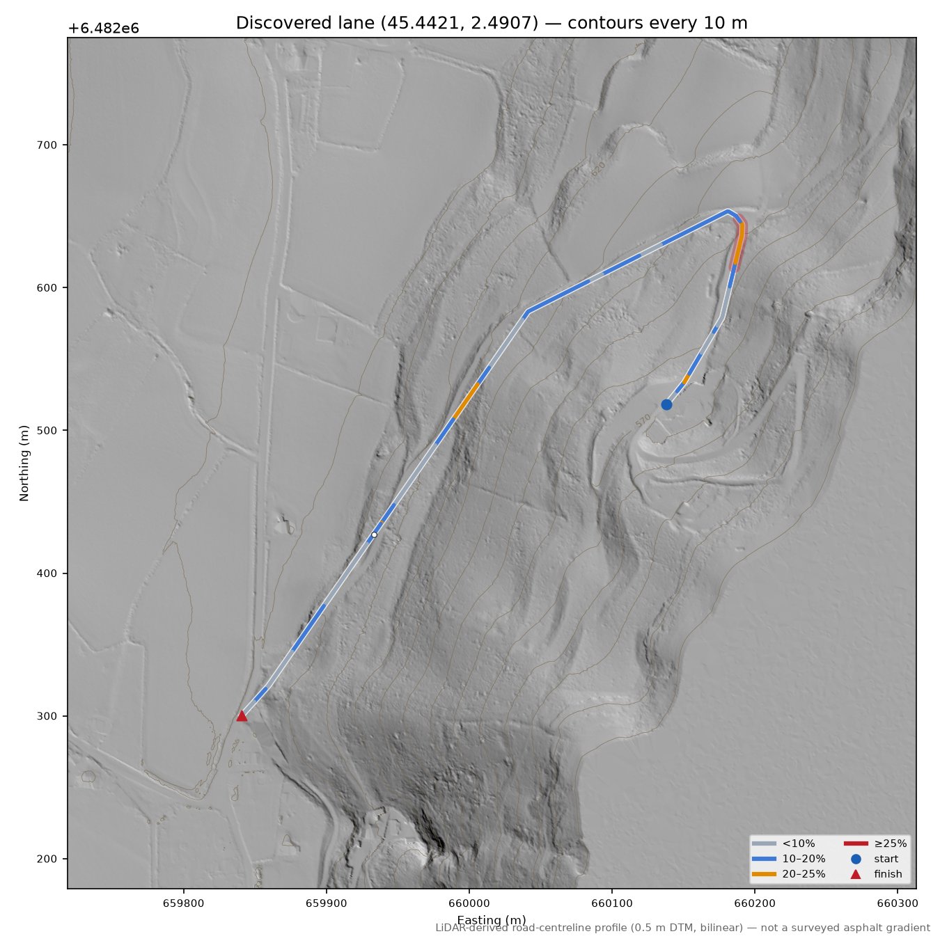 Discovered lane (45.4421, 2.4907) LiDAR hillshade map with contours
