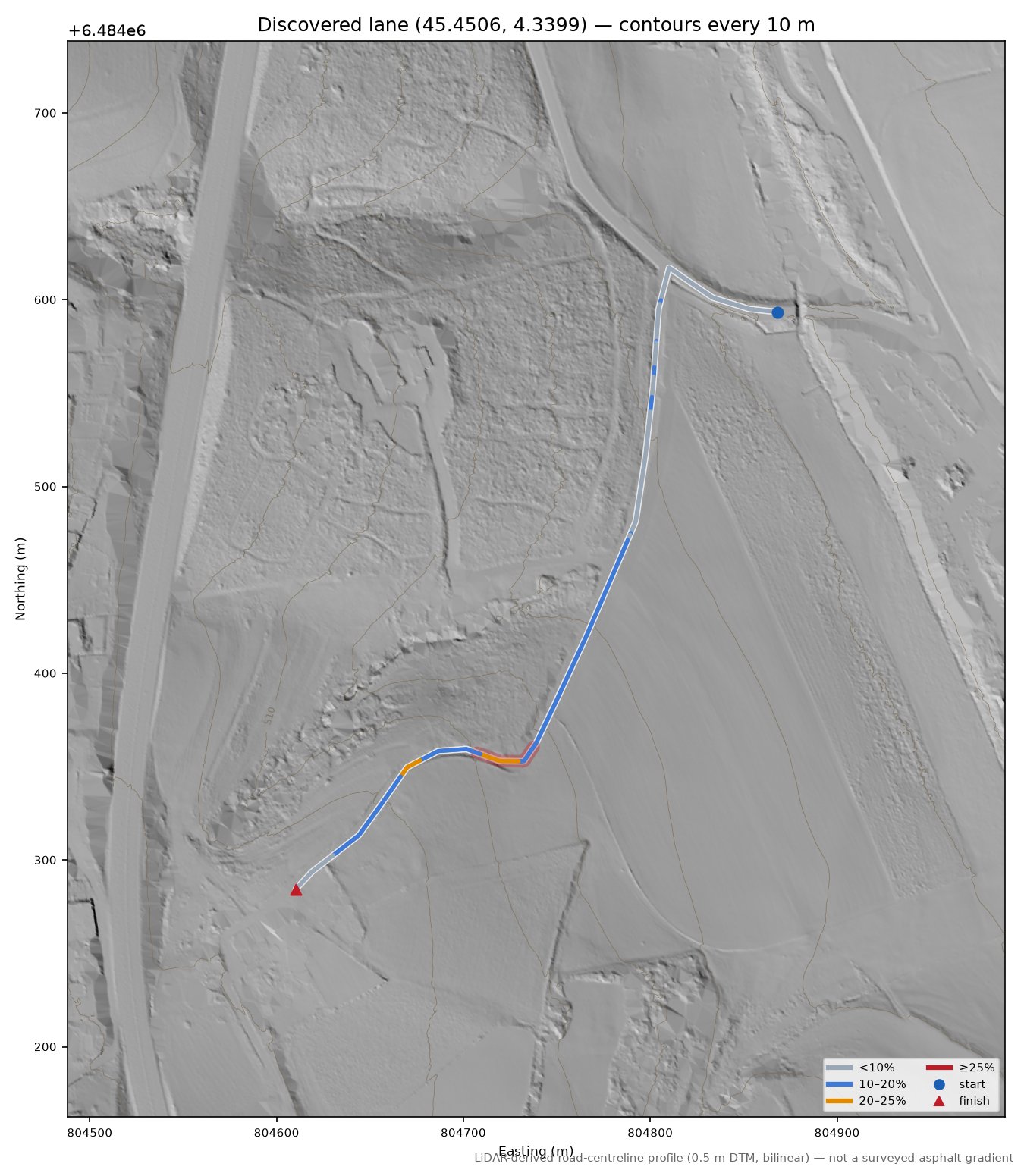 Discovered lane (45.4506, 4.3399) LiDAR hillshade map with contours