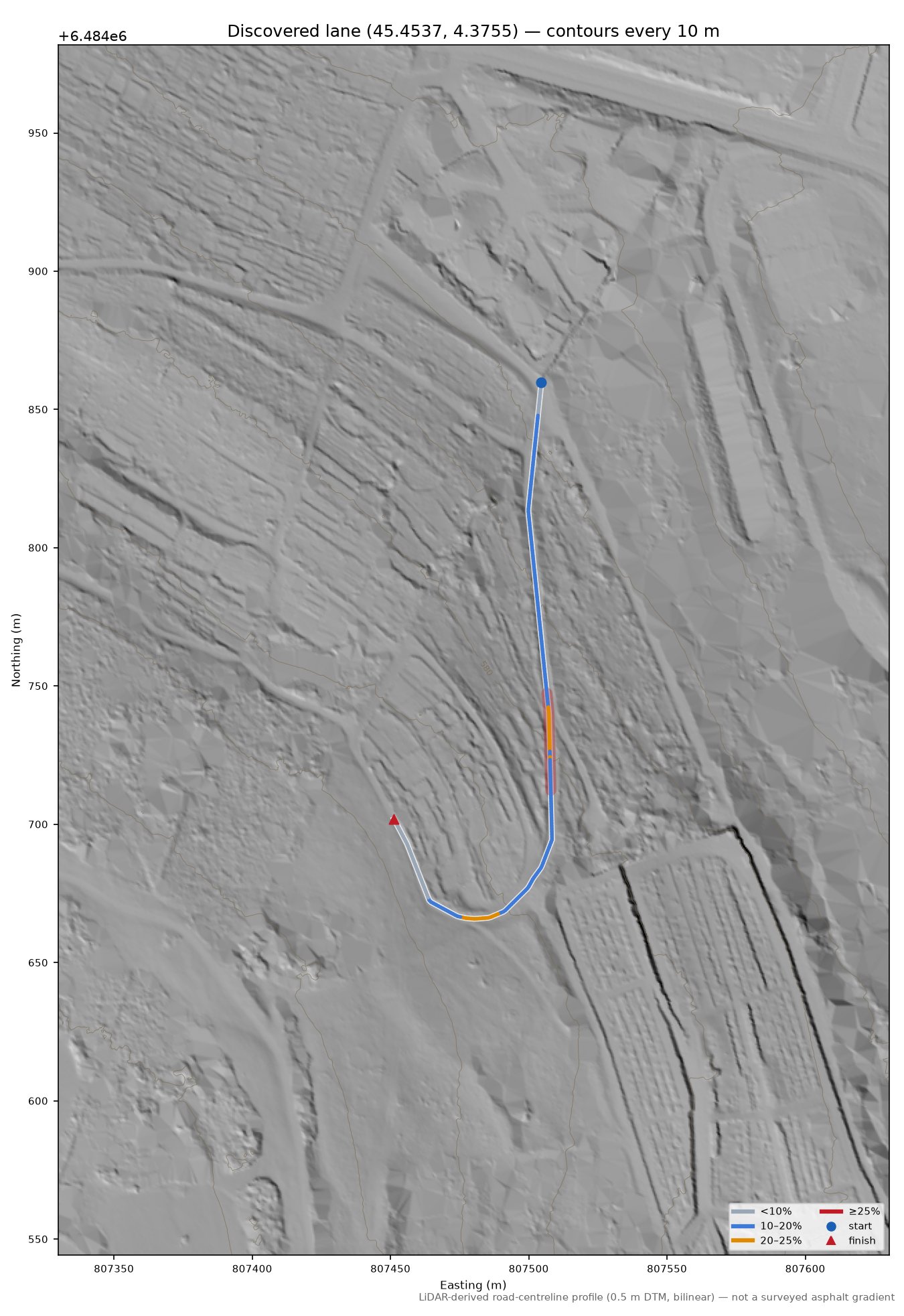 Discovered lane (45.4537, 4.3755) LiDAR hillshade map with contours
