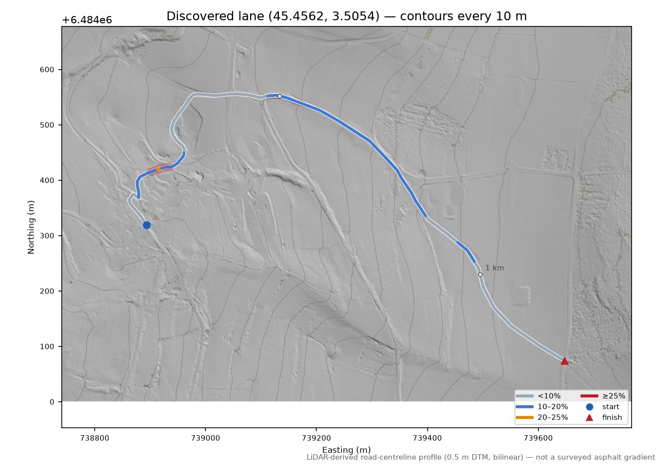Discovered lane (45.4562, 3.5054) LiDAR hillshade map with contours