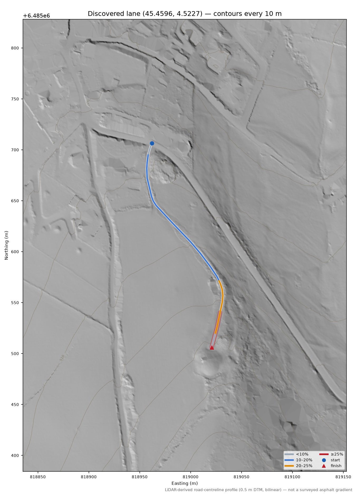 Discovered lane (45.4596, 4.5227) LiDAR hillshade map with contours