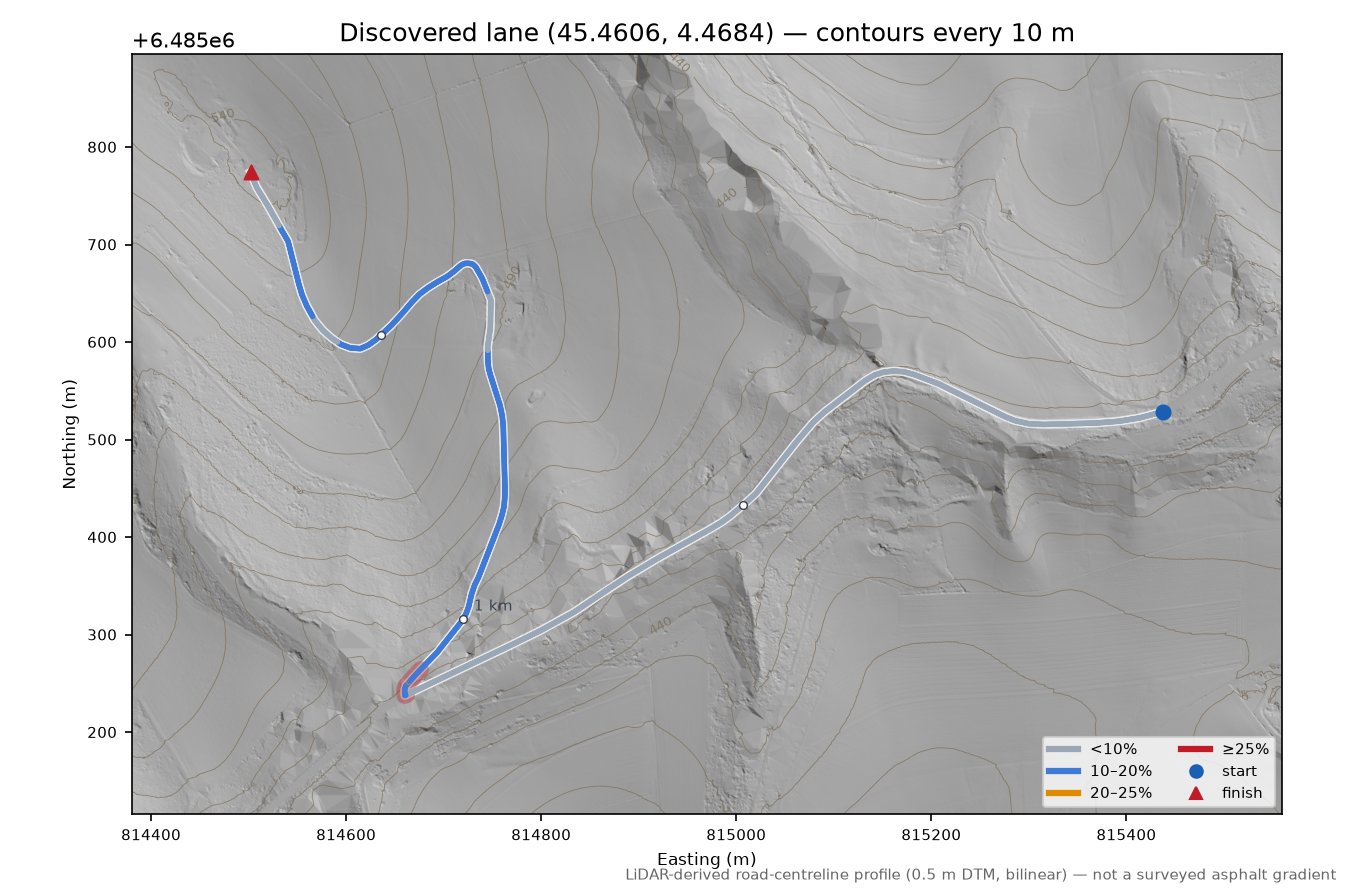 Discovered lane (45.4606, 4.4684) LiDAR hillshade map with contours