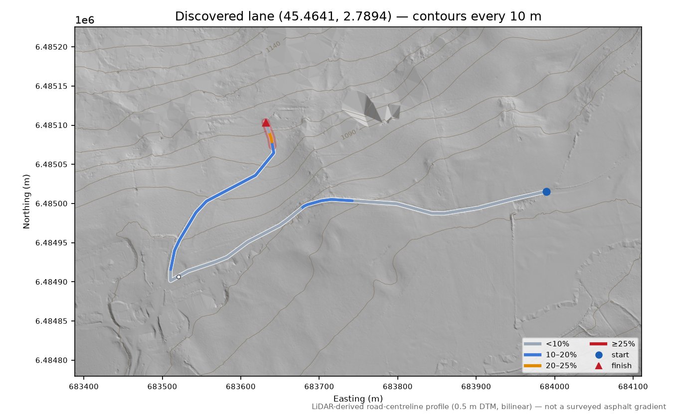 Discovered lane (45.4641, 2.7894) LiDAR hillshade map with contours