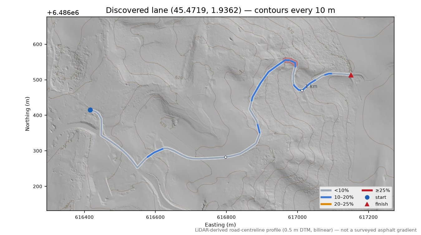 Discovered lane (45.4719, 1.9362) LiDAR hillshade map with contours