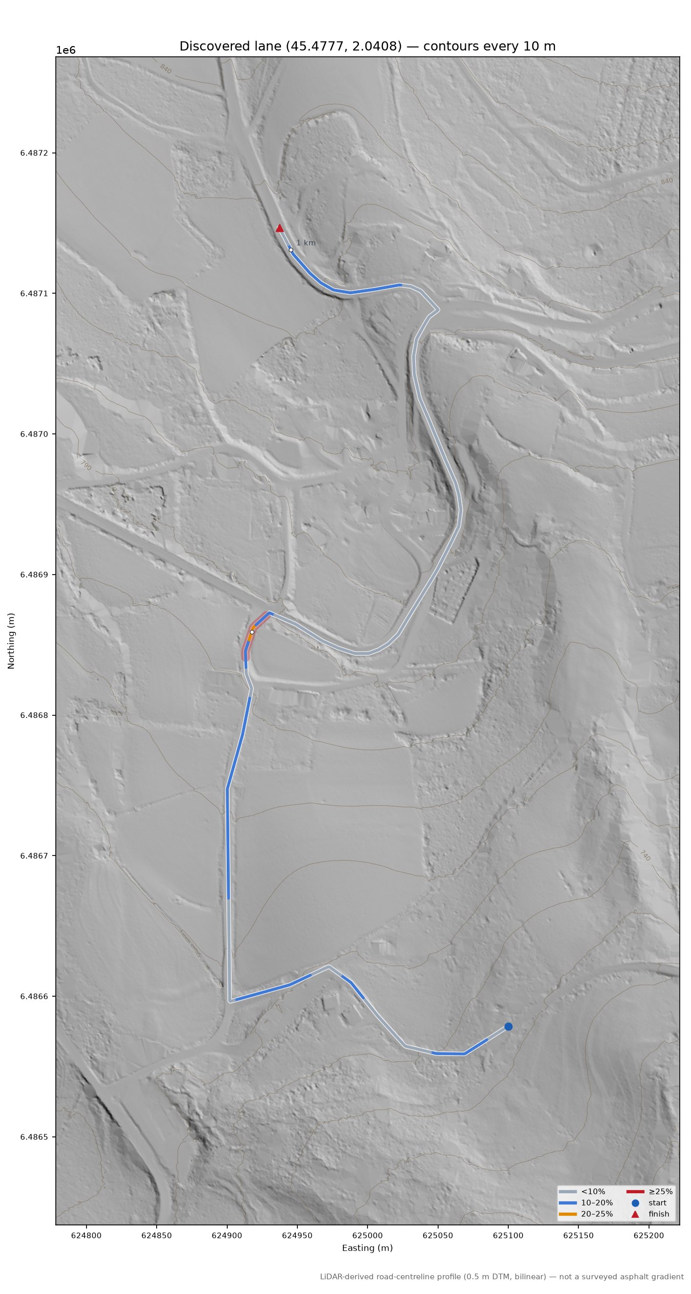 Discovered lane (45.4777, 2.0408) LiDAR hillshade map with contours