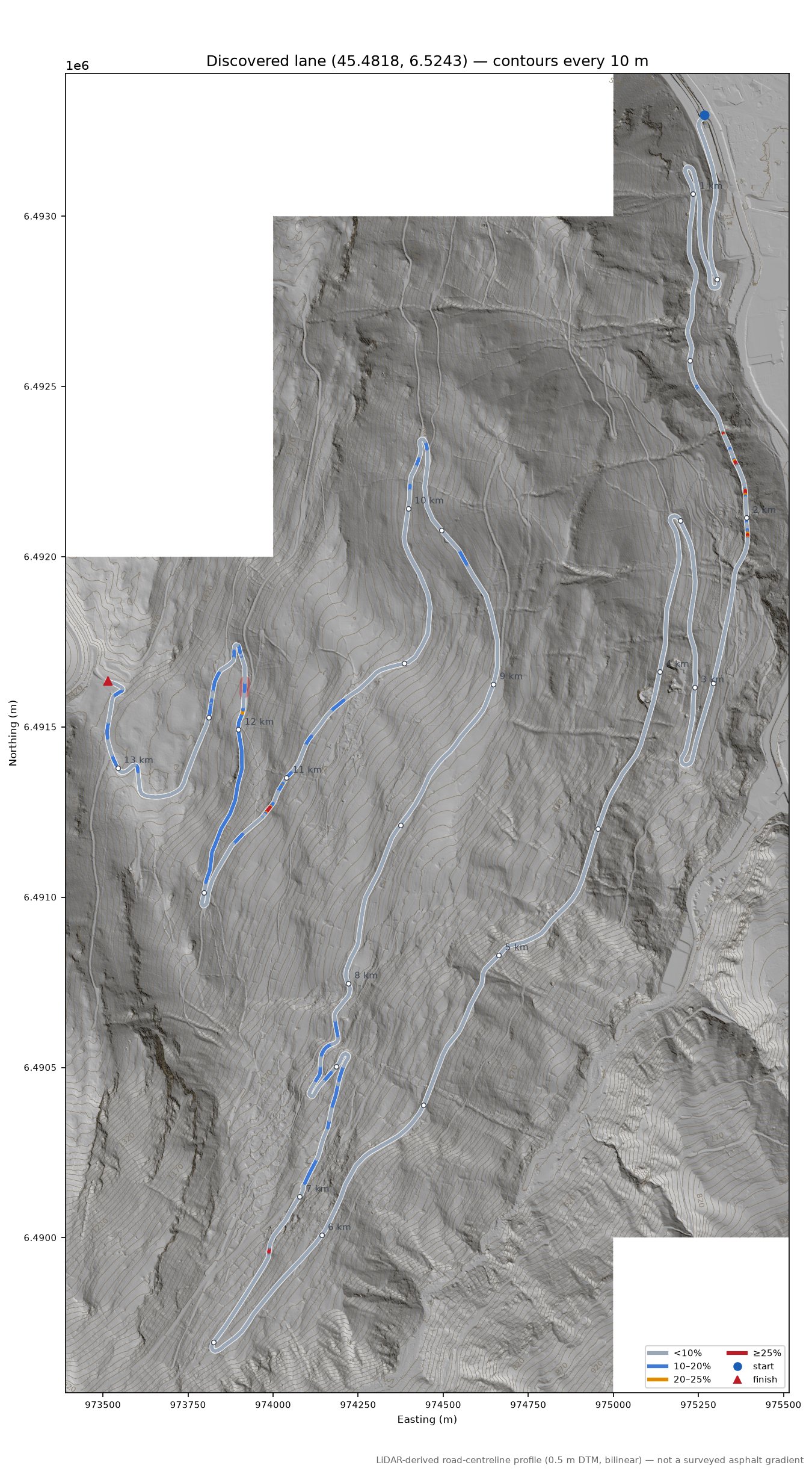 Discovered lane (45.4818, 6.5243) LiDAR hillshade map with contours