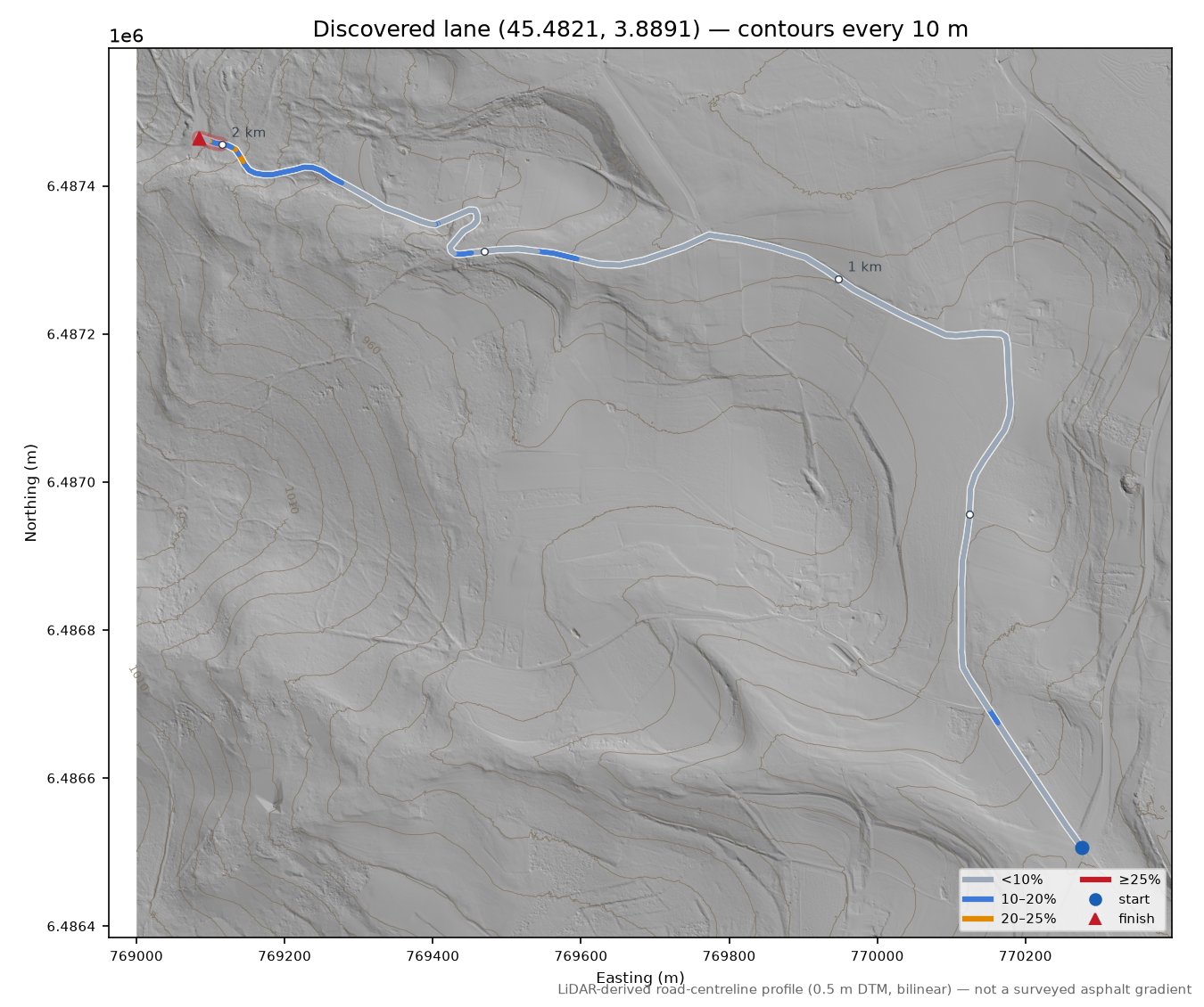 Discovered lane (45.4821, 3.8891) LiDAR hillshade map with contours