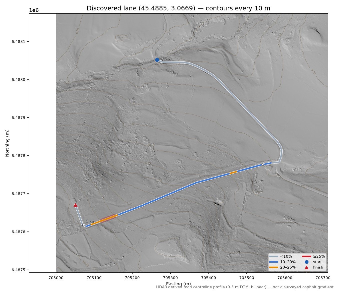 Discovered lane (45.4885, 3.0669) LiDAR hillshade map with contours