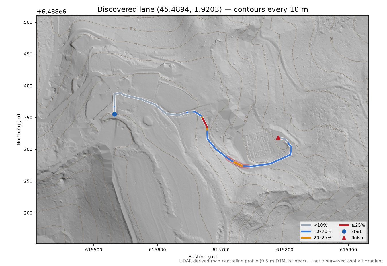 Discovered lane (45.4894, 1.9203) LiDAR hillshade map with contours