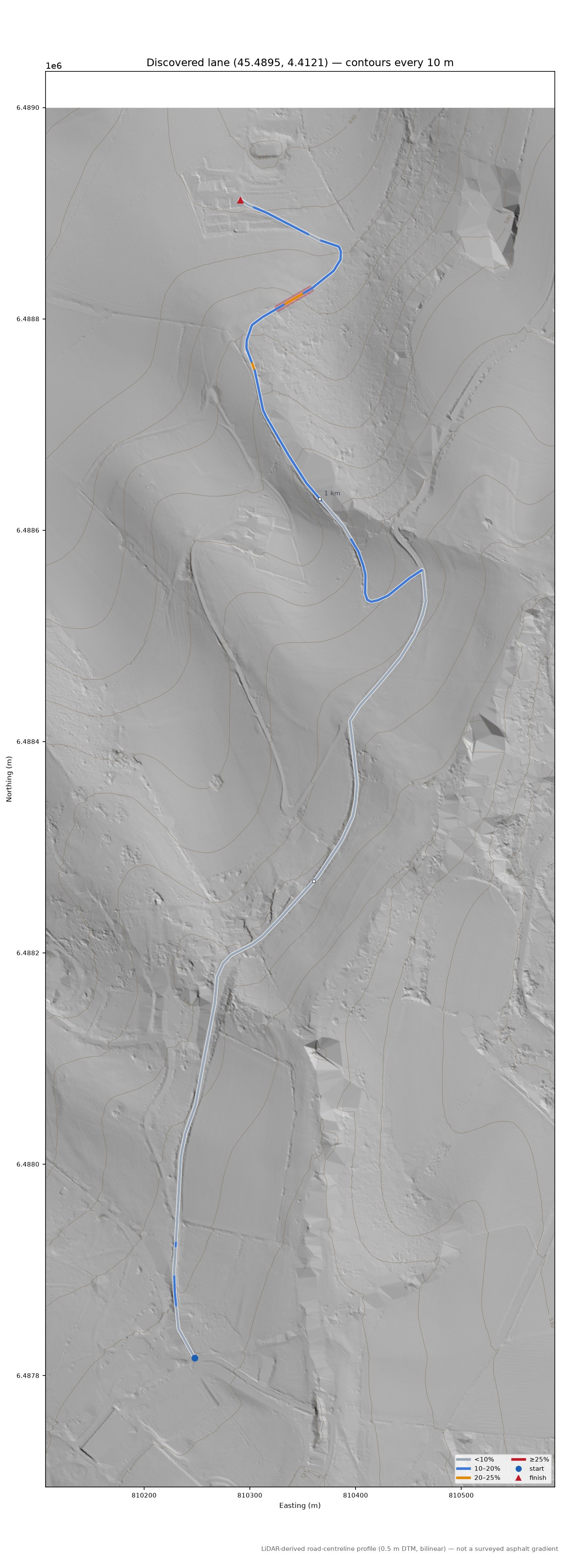 Discovered lane (45.4895, 4.4121) LiDAR hillshade map with contours