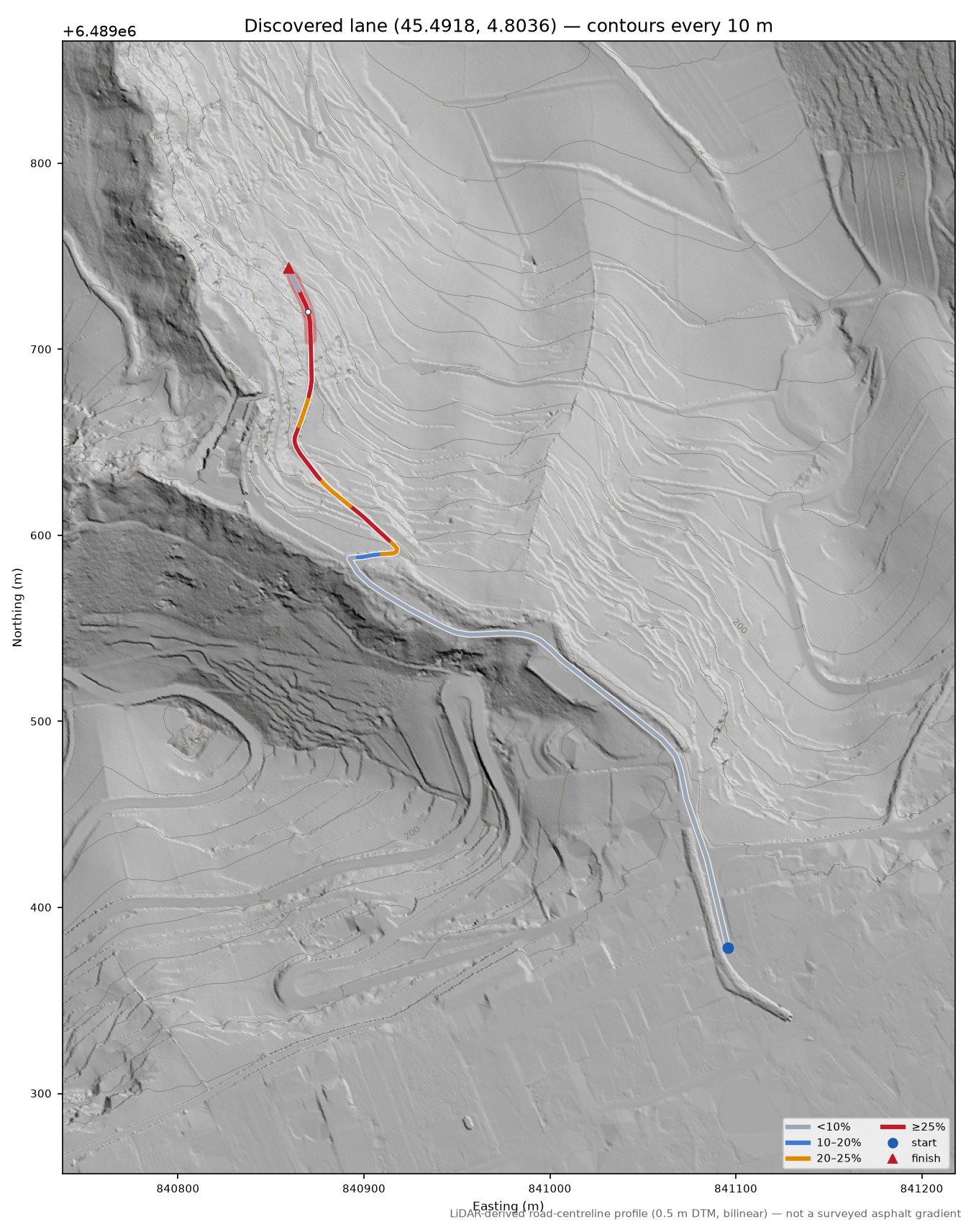 Discovered lane (45.4918, 4.8036) LiDAR hillshade map with contours