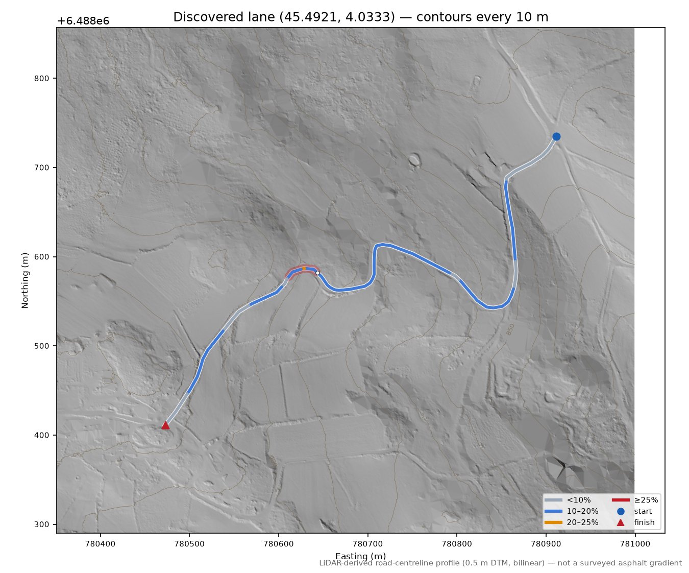 Discovered lane (45.4921, 4.0333) LiDAR hillshade map with contours