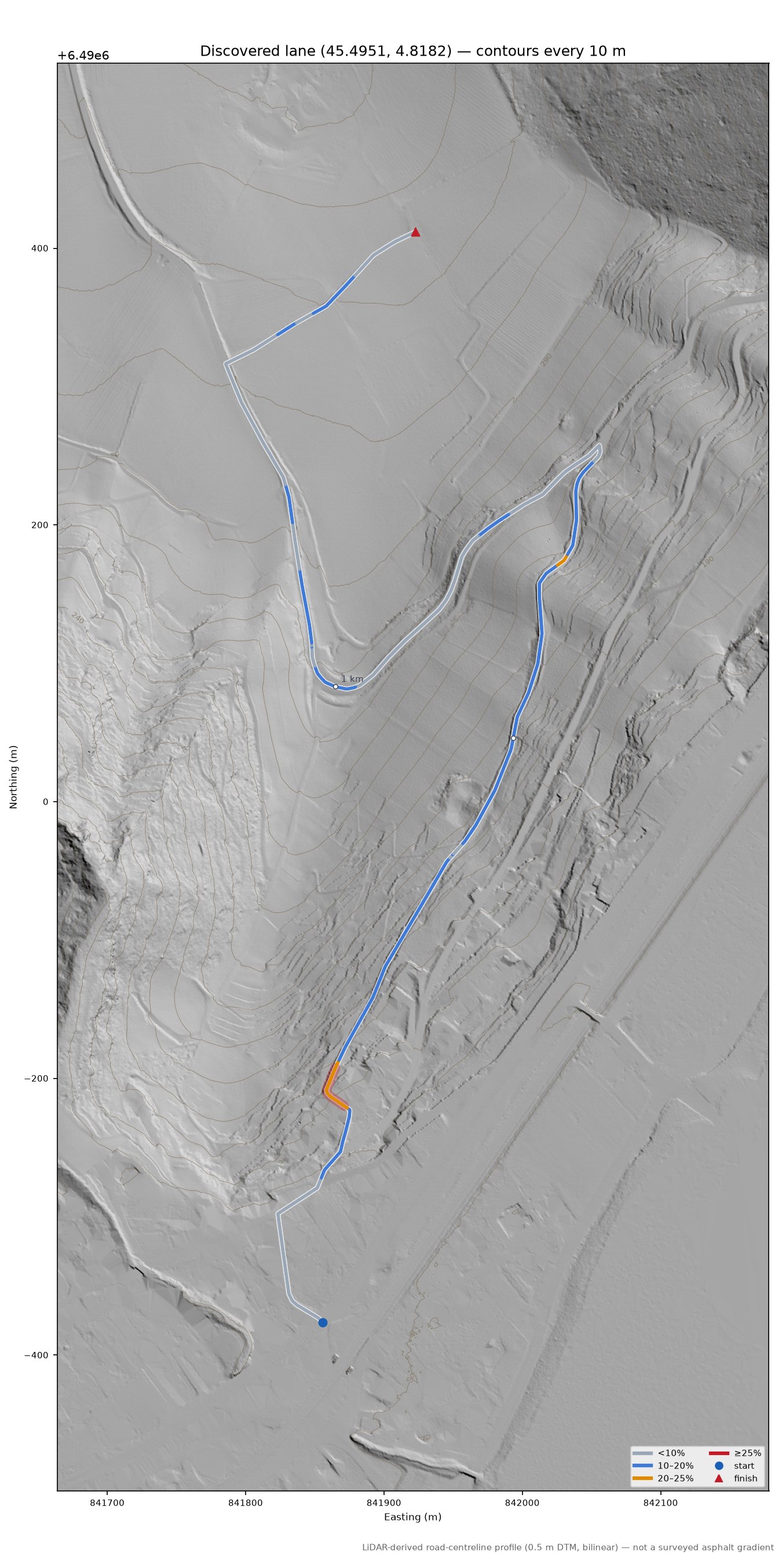 Discovered lane (45.4951, 4.8182) LiDAR hillshade map with contours
