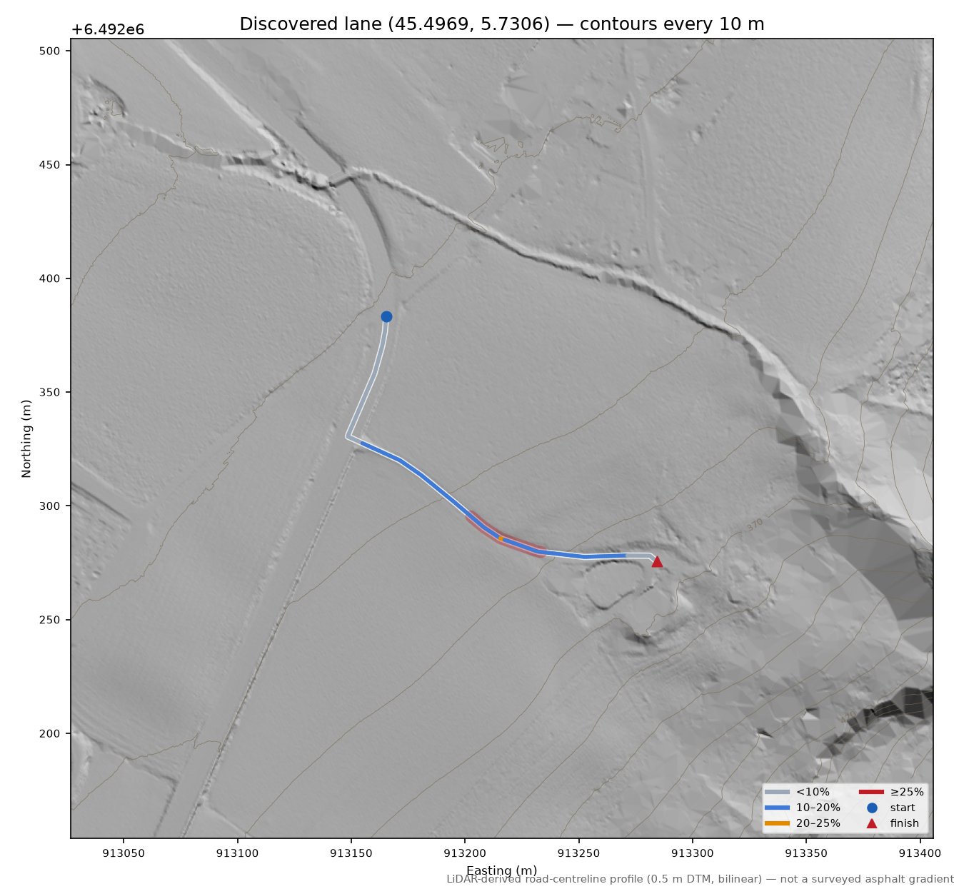 Discovered lane (45.4969, 5.7306) LiDAR hillshade map with contours